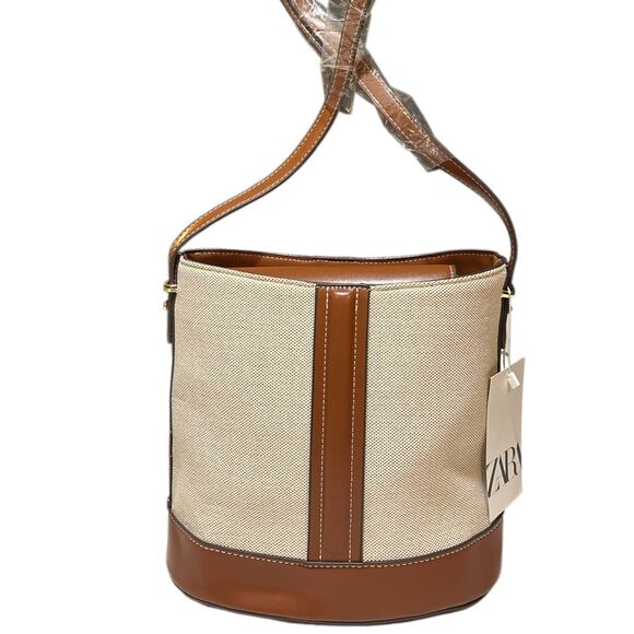 Unbranded Canvas & Faux Leather Bucket Shoulder Bag Beige Brown Crossbody Purse - Picture 1 of 5